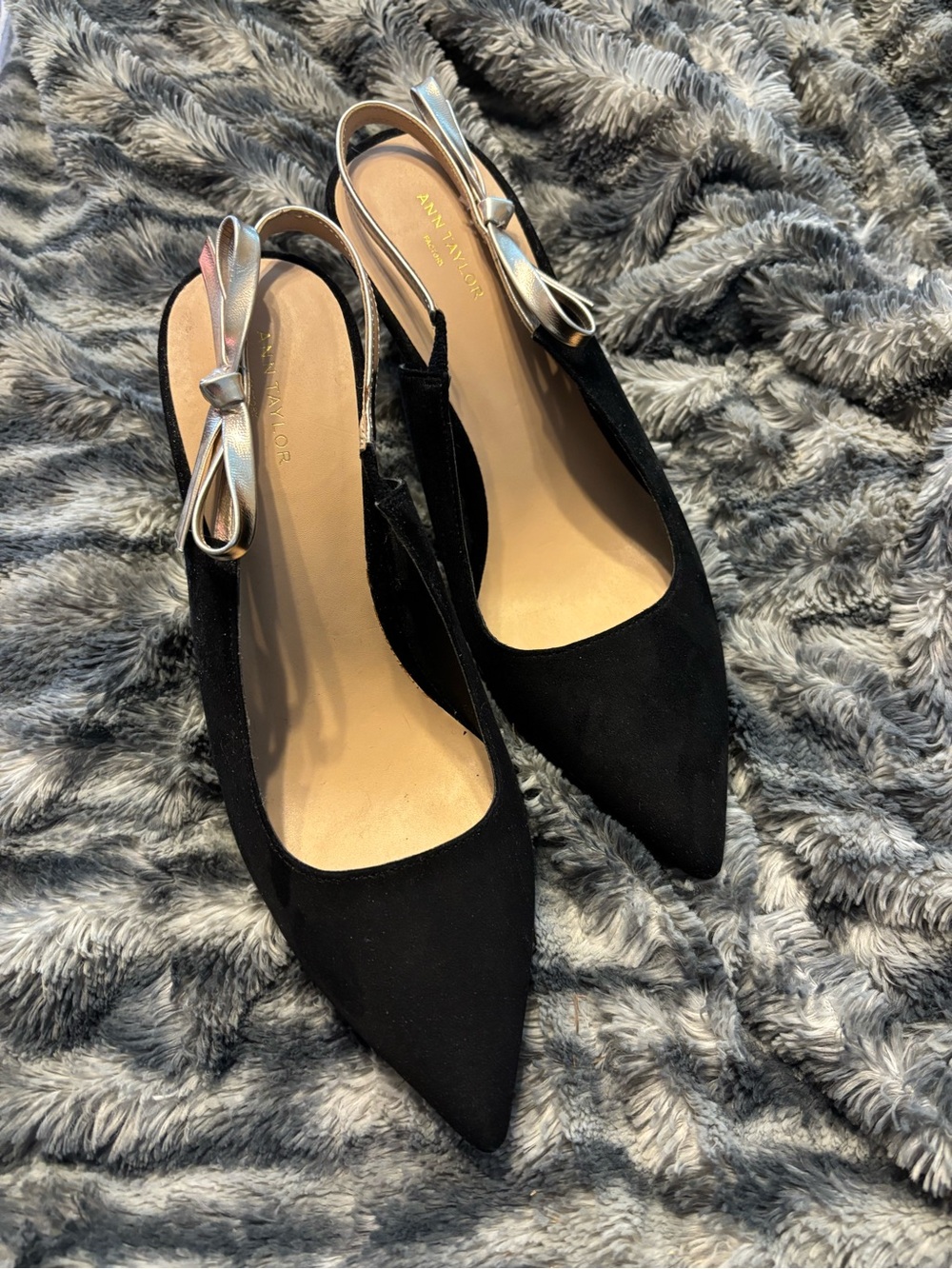 Ann Taylor Factory Black Pointed Slingback Heels with Silver Bow